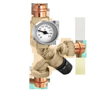 ..connections ¾" NPT female to water heater; ¾" sweat, press, and NPT male union mix outlet/cold water inlet Kit containing adjustable three-way thermostatic mixing valve with mixed outlet