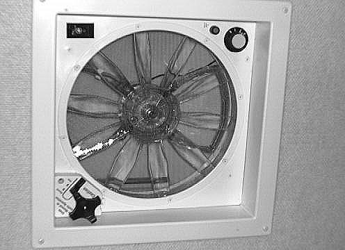 POWER ROOF VENTILATOR Lounge, Galley or Bath Area If Equipped The vent dome is raised and lowered using the Dome Crank knob on the fan.