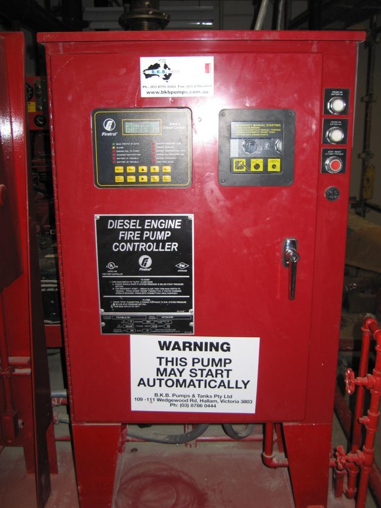Consult NFPA 20, Standard for Stationary Fire Pumps Diesel Pumps Running Controller in other than automatic