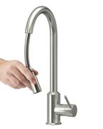 Equipped with check valve to prevent back flow. Wall fastener included. Clear lacquered, brushed nickel-plated brass. Swivel spout 360. H55cm.