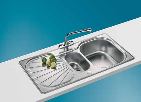 EUX 651 Stainless Steel Swiss double edge profile reversible* sink with one and a half bowls fitting snugly into a 600mm base unit.
