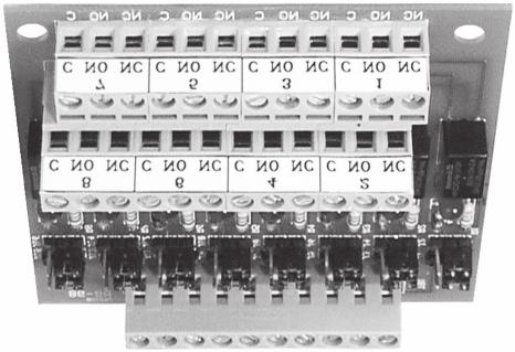 The RB-98 Relay Module provides (8) individually activated sets of Form C contacts in one module. Reference the Installation Wiring Diagram (IWD) for specific function of installed relays.