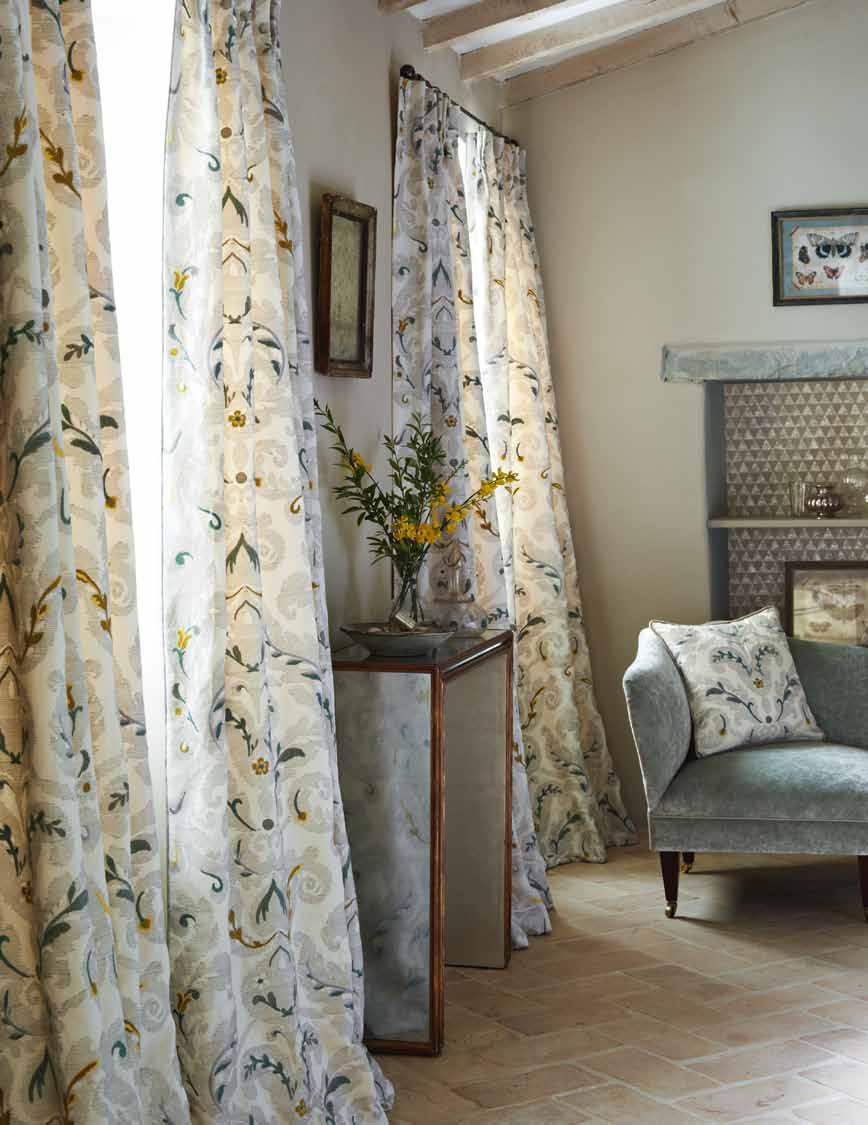 right Wallpaper Rialto 311227 Curtains Peruzzi 330950 trimmed with Onion Fringe TRH11004 Bedspread Peruzzi 330950 Cushions on Bed Curzon 330787, Brocatello 331216 trimmed with ¼ Flanged