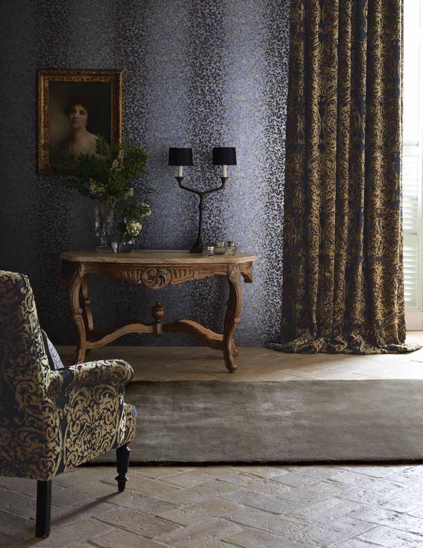 Tespi is an ornate, figured velvet woven with a viscose pile on a flat ground