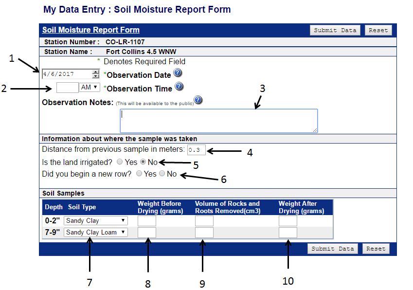 1. Observation Date: Enter the date in which soil samples were removed from the ground. 2. Observation Time: Enter the time in which soil samples were removed from the ground. 3.