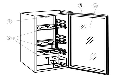 1. 2. 3. 4. ILLUSTRATION OF THE APPLIANCE THERMOSTAT DIAL: For controlling the temperature inside the wine cooler. Turns the motor on as soon as the temperature rises above the desired level.