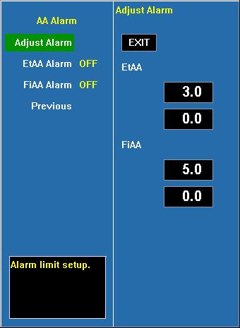 Adjust alarm Select this option to enter the configuration of alarm limits; conduct the configurations by turning the trim knob to select high and low limits and exit by selecting EXIT.