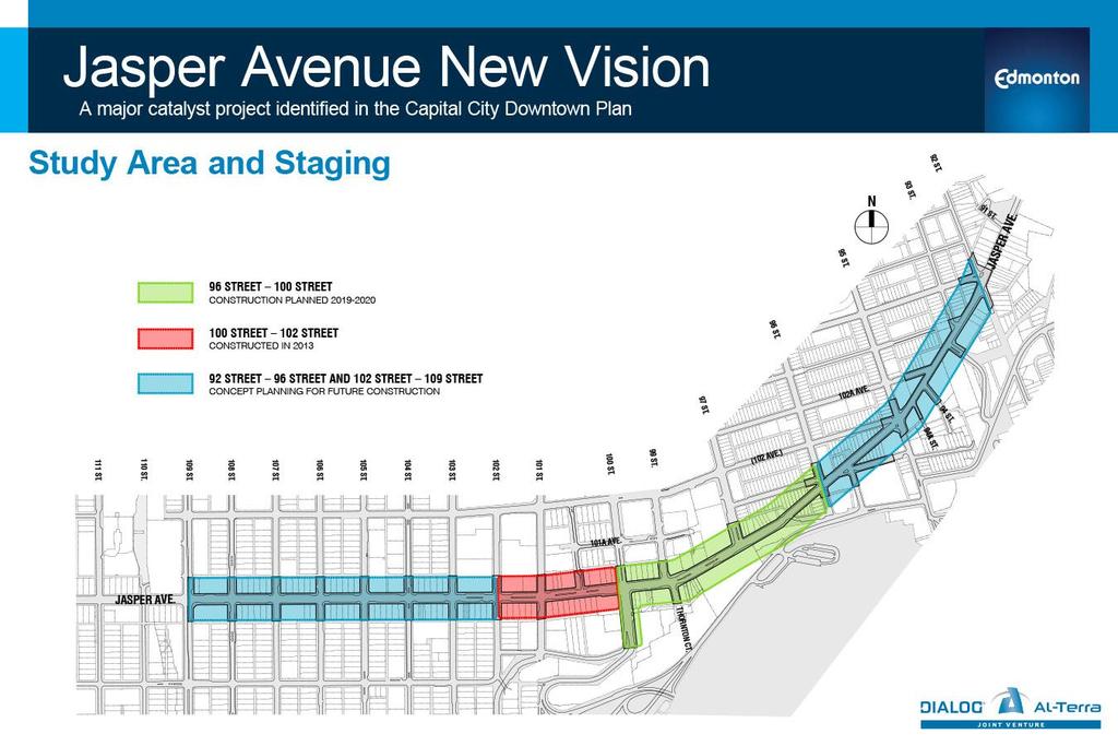 The Project Jasper Avenue New Vision (JANV) is a major catalyst project identified in the Capital City Downtown Plan (2010) between 92 Street and 109 Street, including the streets half a block north