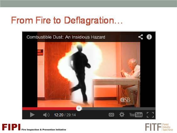 D.9.2.2] WHY ARE DEFLAGRATION FIREBALLS DANGEROUS?. Notice how the deflagration fireball created by such a small amount of dust is enough to totally engulf the face and torso of a worker.