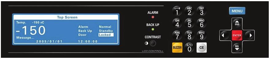 Product Features Warning indicator (Lit even during power outage) Setting input Graphic Display (LCD) Warning information Status display Door display Buzzer silence: Hold for alarm test Patented