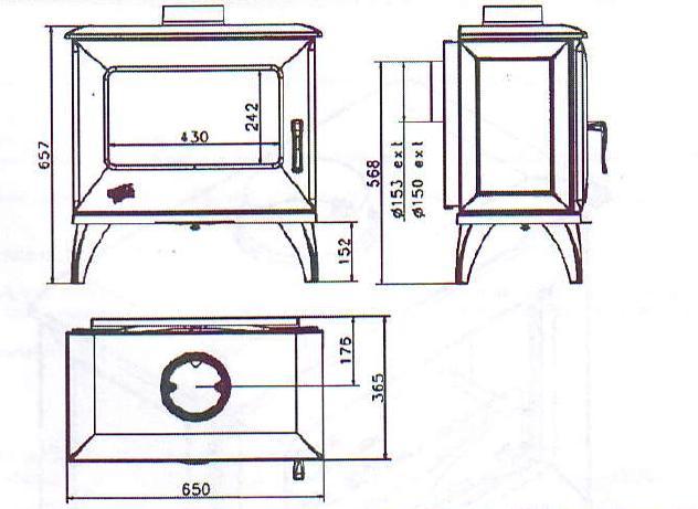 Linedrawing: Technical characteristics: Unit dimensions (cm) Fire box dimensions (cm) Flue Diameter Flue outlet Recommended fuel Log size loading from the front: Panoramic glass resistant to 750 deg