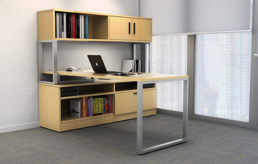 Private office Natural Maple / Black Rail Pulls The image on the left portrays a floating, open-style hutch, mixed lateral storage and a work surface supported by our contemporary H Leg.