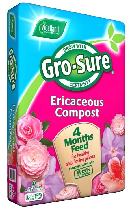 50 11200009 11200027 11200025 11200024 Gro-Sure Ericaceous Compost with 4 Month Feed For acid loving plants 50% more