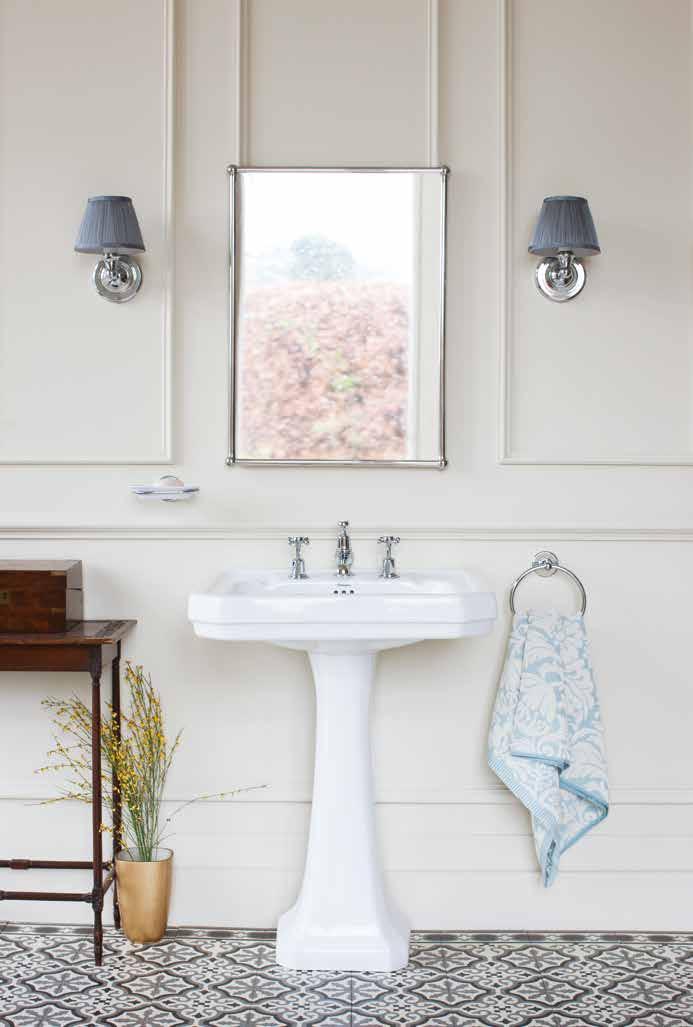 This page: Victorian 56cm basin with regal pedestal Claremont 3 tap hole basin mixer with pop-up waste, rectangular mirror, round light with Chiffon silver shade, soap dish and towel ring.