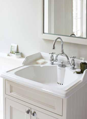 Above right; Sand Freestanding 65 Vanity Unit with doors, 65cm Classic basin for integrated waste & overflow with two tapholes, Claremont two taphole Arch mixer, Classic basin invisible overflow &