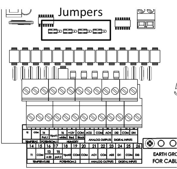 Figure 15: Jumper location Figure 16: Jumpers expanded view T1: Temperature sensor or 4 20 ma device (future use) T2: Temperature sensor or potentiometer T3: Temperature sensor or potentiometer T4: