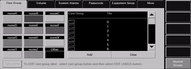 System Setup Functions Care Group Tab 9.4 Care Group Tab The system Care Group tab (shown in FIGURE 9-5) allows for the default assignment of selected patient tiles to specific system care groups.