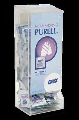 Holds 120-130 individually-wrapped wipes. Clear acrylic construction. Two-sided PURELL placard included.