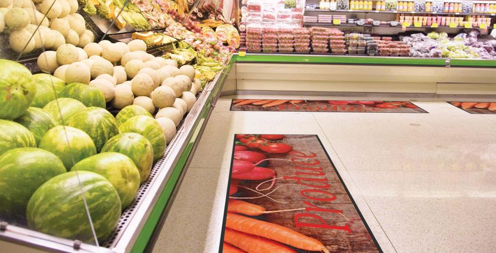 Specialty mats Supermarket and Department Mats (3' x 10') Customized matting helps easily identify departments, aids in customer safety, and enhances your