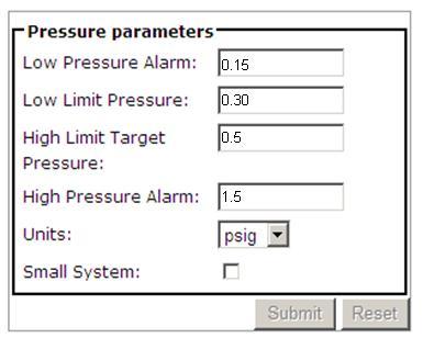 CONFIGURING THE PRESSURE SETTINGS 1. Connect to the dehydrator. Go to the Configurations page. Locate the Pressure Parameters screen. Refer to Figure 23.