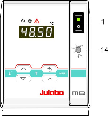 MB 4. Operating controls and functional elements 4.1. Circulator Front view Rear view 1 Mains power switch, illuminated Navigation keys 2 1. Key: >OK< Start / Stop (pump / heater ) 2.