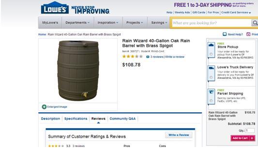 Example rain barrel from Lowe s: $108.