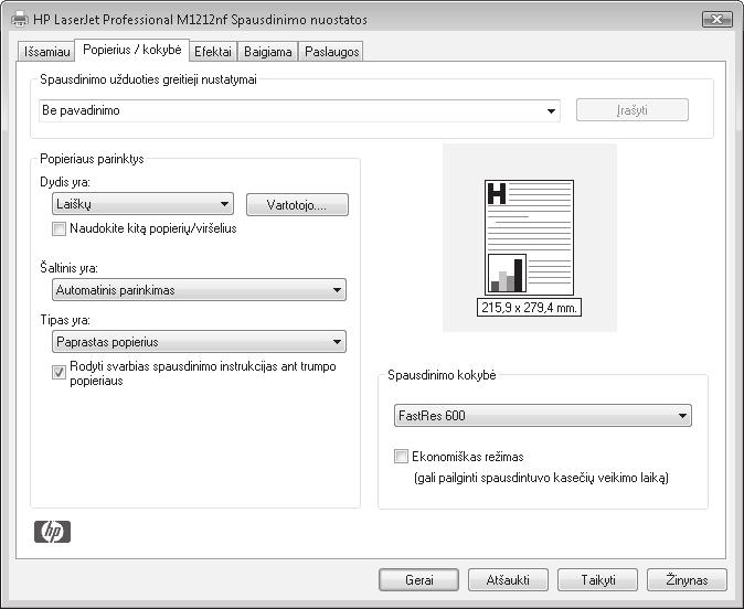 Pasirinktinių spausdinimo parametrų įrašymas, skirtas pakartotinai naudoti Windows Parengtų spausdinimo komplektų naudojimas 1. Meniu Failas spustelėkite Spausdinti. 2.