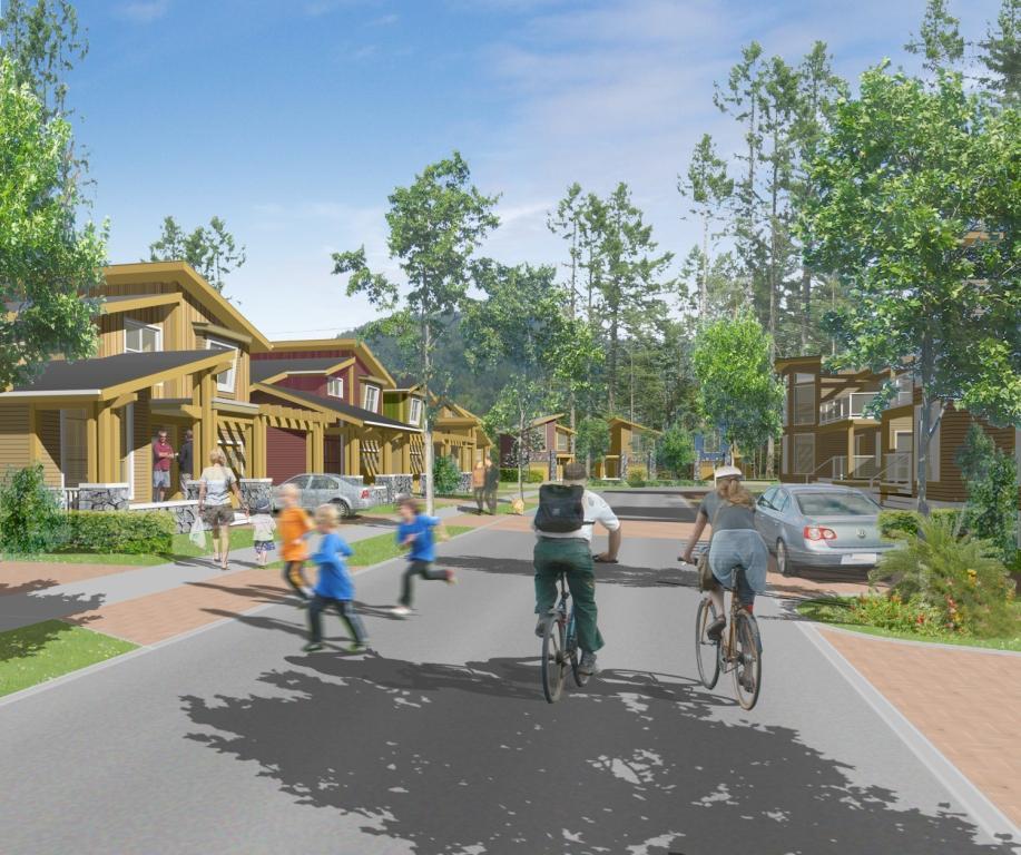Fig. 4.3 Conceptual rendering showing a multi-use residential streetscape in the Westhills Green Community 4.3 Compact, Complete and Connected Neighbourhood Objectives 4.3.1 Open Community: The Westhills Community should be an open community, and not be gated.