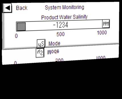 The current product water salinity readings are displayed. By default the system will display product water salinity in us/cm. This can be changed to PPM if the user prefers this measuring system.