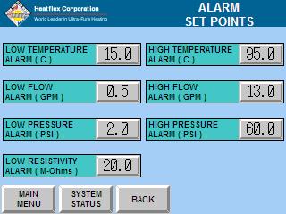 Figure 6-3: Alarm Set Points Screen Note: The appearance of the Alarm Set Points screen may vary depending on the Aquarius I/II D.I. Water Heating System options.