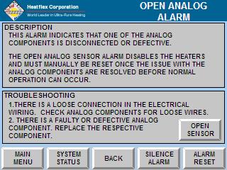 Figure 7-2: Typical Alarm Description and Troubleshooting Screen Table 7-1: Alarm Description and Troubleshooting ALARM Low Temperature High Temperature DESCRIPTION/TROUBLESHOOTING Description This