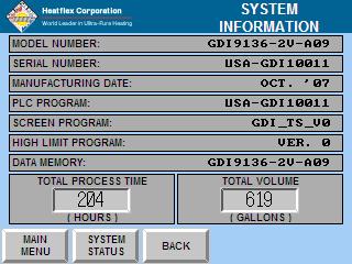 9.2. SYSTEM INFORMATION SCREEN The System Information screen (Figure 9-3) provides more information about the Aquarius I/II D.I. Water Heating System, such as the Model Number, Serial Number, Manufacturing Date, and the PF1000 program names, versions and data memory.