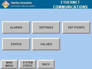 18.2. ETHERNET COMMUNICATIONS SCREENS In order to access the Ethernet Communications screens, press the ETHERNET COMMS. key located on the Ethernet Menu screen.