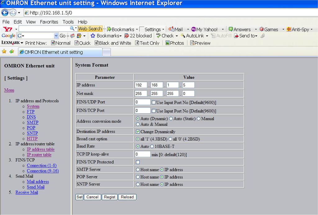 Figure 18-19: Ethernet IP Address System Format 9. Type in the new IP address and Net mask. 10. Select Set. 11. Select Regist.
