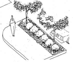 There should be no more than 8 parking spaces in a row without a landscape bed containing a tree and shrubs or ground cover. 2.