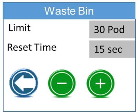 Set Pod Count: In this entry the user may set the number of pods the brewer will hold before signaling that the bin is full. The range is 10 to 100 pods, with the default at 30.