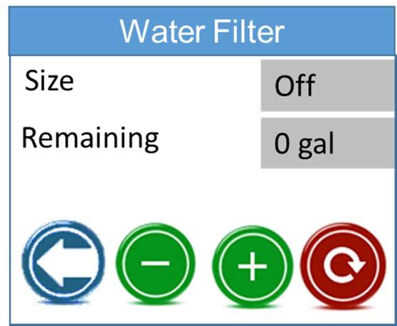 Select Water Filter: This entry allows the user to select the filter size for the filter used on the inlet for the water. Choices include OFF, 500 GAL UP TO 3000 GAL.