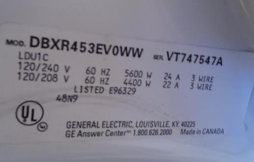 8 Dryer Comments: Inspected, Information GE clothes dryer model DBXR453EVOWW, SN # VT747547A.