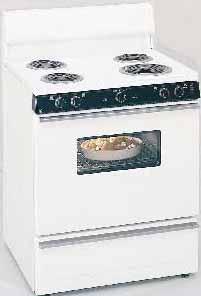 30" Free-Standing QuickClean Electric Range JBS05Y White or Almond Standard clean oven Up-front controls Plug-in heating elements, one 8" and three 6" Color-matched oven door with window Chrome visor