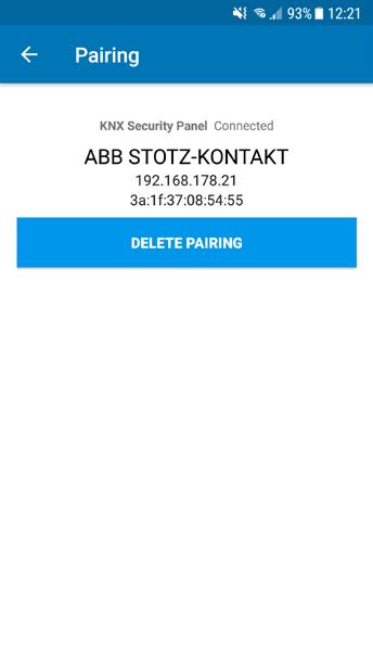 ABB safe&smart App Operating Instructions The KNX Security Panel menu displays the current system and its connection status, system name, IP Address and MAC address You can remove