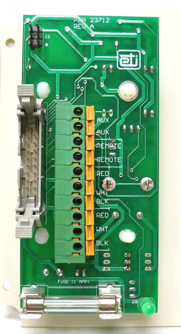 Refer to Figure 4 for useful information regarding the front panel PC board. Terminal block J1 with terminals labeled for system cables and wiring.