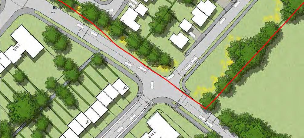 Existing homes Track and accesses to residences to be connected to new junction via a new service road Service route turning head for refuse vehicles 35m ICD Roundabout Road Highway Boundary A143