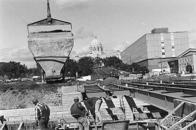 Photo: Minnesota Historical Society Collections Rebuilding the Cedar Street bridge over Interstate 94 in 1992.