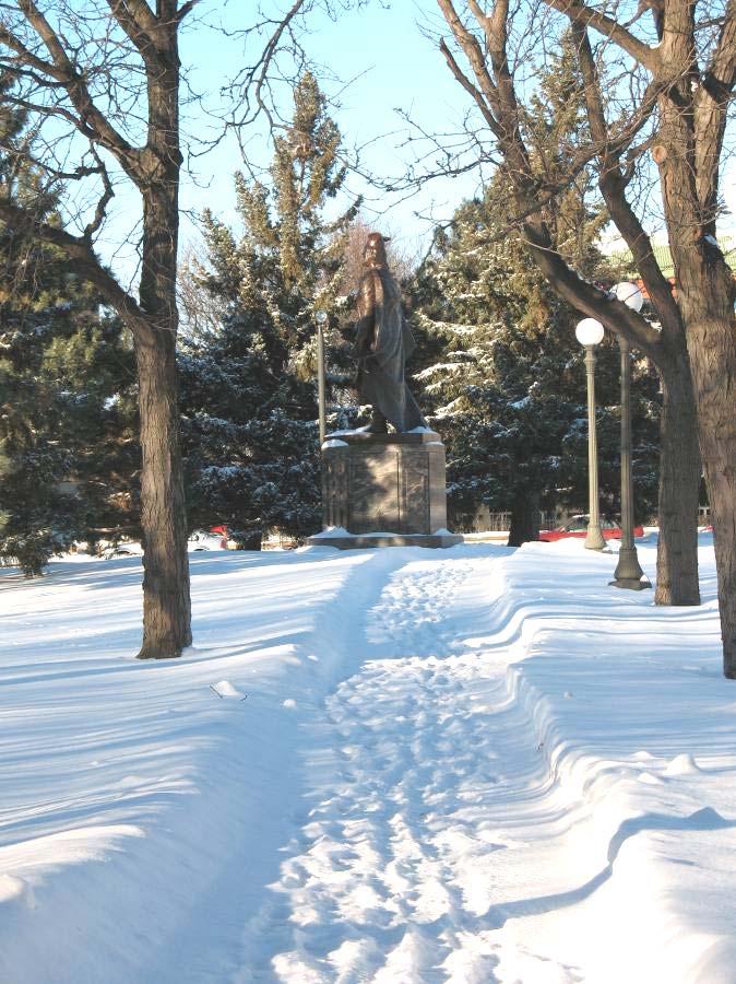 Leif Erikson monument, looking north from diagonal sidewalk at southern border of park, December 2007.