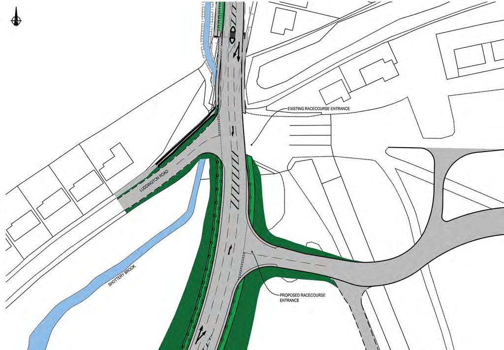 JUNCTIONS LUDDINGTON ROAD / RACECOURSE ACCESS Originally intended to be a roundabout, but space restrictions, flood plain concerns, Shottery Brook and review of expected traffic movements have