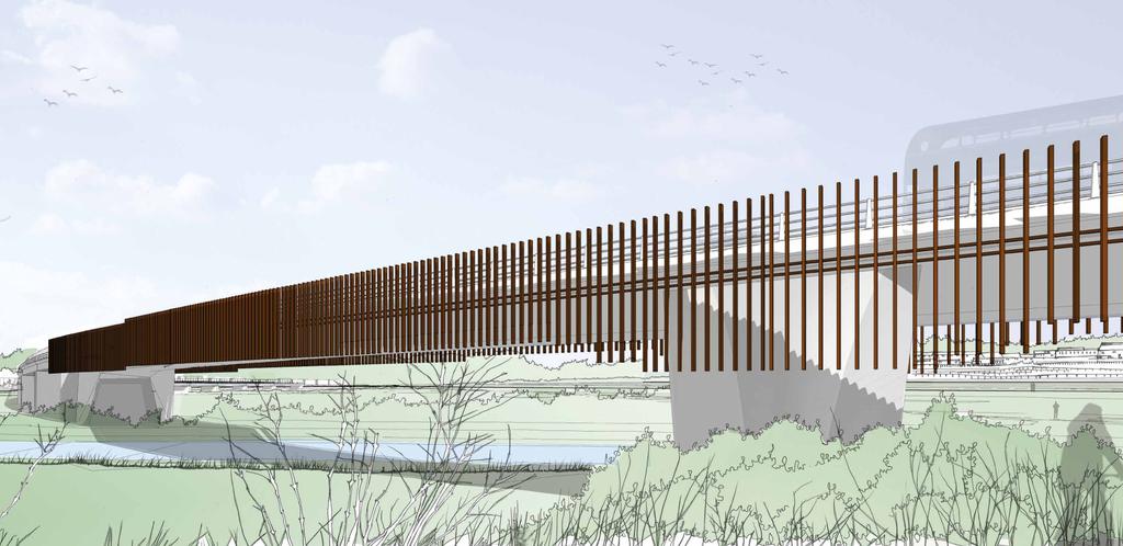 Earthy toned materials have been proposed to respond to the surrounding landscape and the weathered steel of the existing railway bridge.