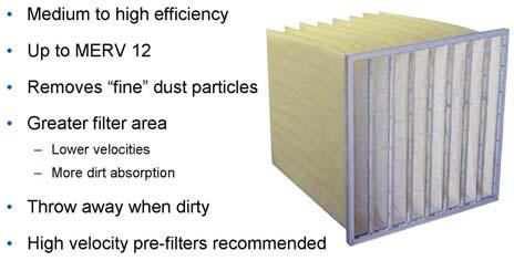 They can function as either high velocity or low velocity filters depending upon the filter cabinet design in which they are installed.