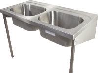 SEPTEMBER 2013 STAINLESS STEEL 11:1:418 double hospital sinks radiused easy clean internal surfaces underside sound deadened Hospital sink with double bowl, no tap holes, cantilever bracket & legs