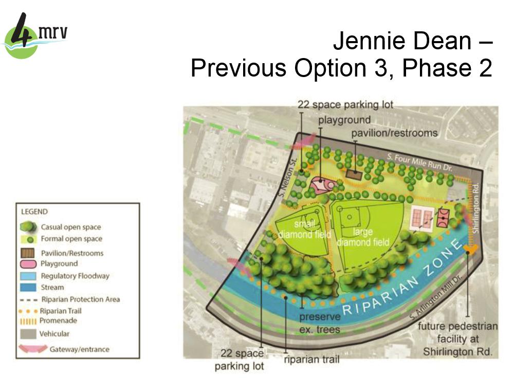 Previously considered Option 3, Phase I shows the installation of the small diamond field, playground, picnic shelter (shown here as pavilion ) and restrooms, as well as a new 22 space parking lot