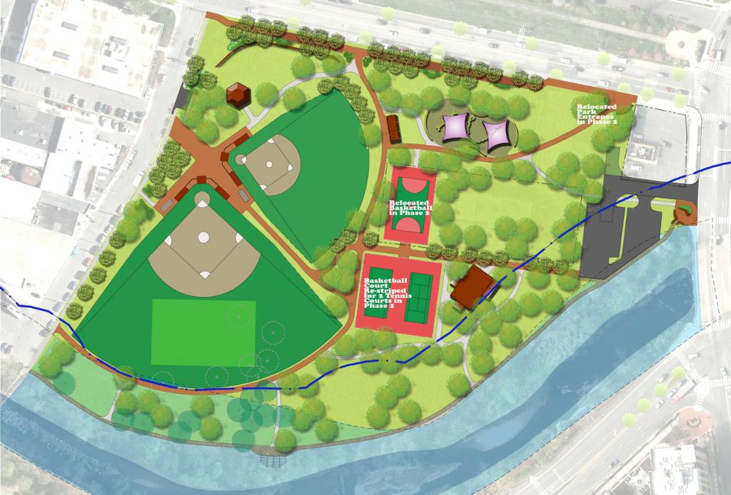 Flips the diamond fields so the smaller field lies closer to Four Mile Run Drive which provides for more casual use open space, a connecting pedestrian access path, and a more prominent planted